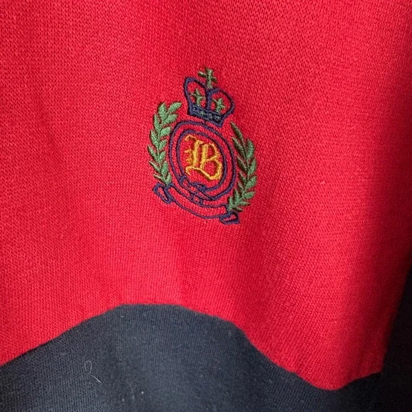 Vintage Bugle Boy Company Hoodie Red Black Color Block Crest Pullover Mens - Picture 3 of 5